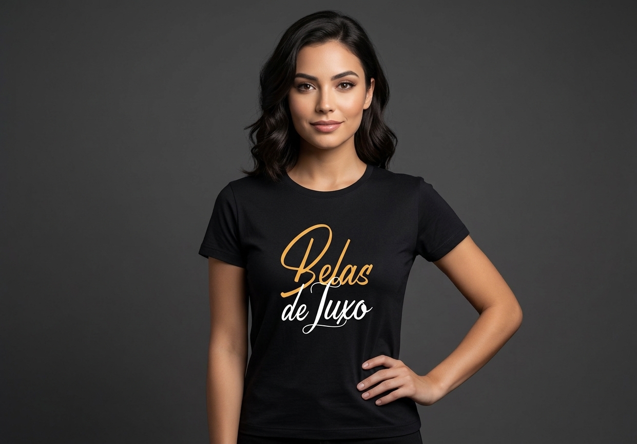 Modelo vestindo camiseta Belas de Luxo — anuncie na plataforma